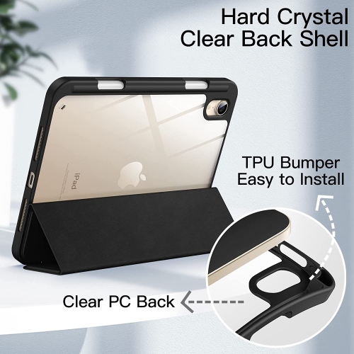 J Case for iPad Mini 6 with Pencil Holder, Clear Transparent Back Shell Slim Stand Shockproof Tablet Cover, Auto Wake/Sleep (Black)