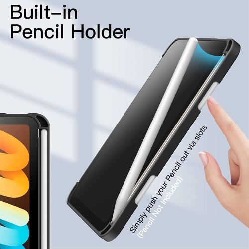 J Case for iPad Mini 6 with Pencil Holder, Clear Transparent Back Shell Slim Stand Shockproof Tablet Cover, Auto Wake/Sleep (Black)