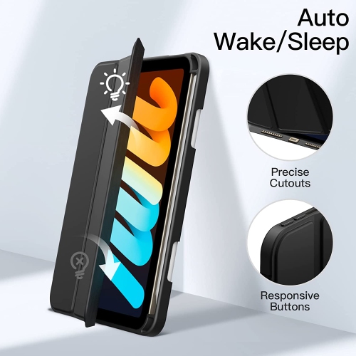 J Case for iPad Mini 6 with Pencil Holder, Clear Transparent Back Shell Slim Stand Shockproof Tablet Cover, Auto Wake/Sleep (Black)