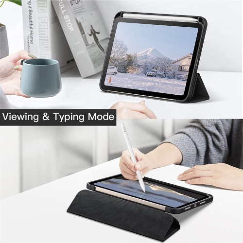 J Case for iPad Mini 6 with Pencil Holder, Clear Transparent Back Shell Slim Stand Shockproof Tablet Cover, Auto Wake/Sleep (Black)