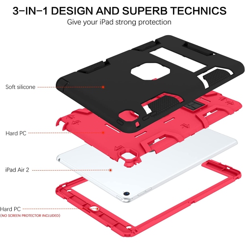 B iPad Air 2 Case, iPad Case Air 2, Three Layer Heavy Duty Hybrid Hard PC Soft Silicone Bumper Rugged Shockproof Kickstand Full Body Protective Kids