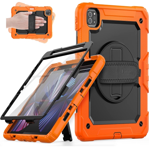 T Case for iPad Pro 11 2021/2020/2018, Shockproof Heavy-Duty Protective Case with Screen Protector, 360° Rotating Stand, Hand/Shoulder Strap for iPad