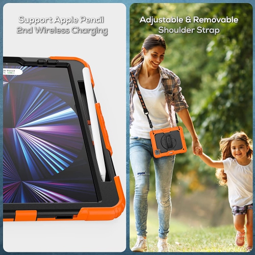 T Case for iPad Pro 11 2021/2020/2018, Shockproof Heavy-Duty Protective Case with Screen Protector, 360° Rotating Stand, Hand/Shoulder Strap for iPad