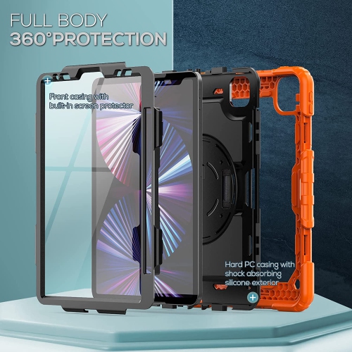 T Case for iPad Pro 11 2021/2020/2018, Shockproof Heavy-Duty Protective Case with Screen Protector, 360° Rotating Stand, Hand/Shoulder Strap for iPad