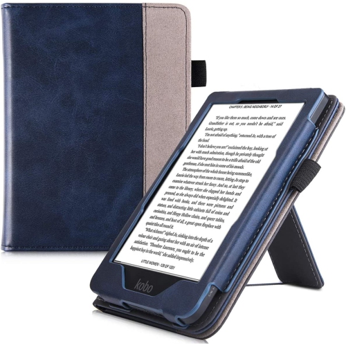 Image 1 de 5.. Étui support B pour liseuse Clara HD de Kobo - housse cuir polyuréthane de qualité supérieure avec dragonne et veille/réveil automatique (bleu marine)