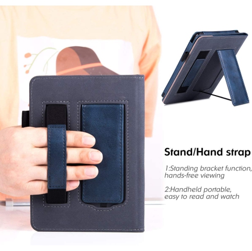 B Stand Case for Kobo Clara HD eReader - Premium PU Leather Protective Sleeve Cover with Hand Strap and Auto Sleep/Wake (Navy Blue)