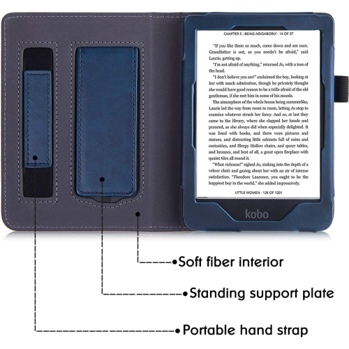 B Stand Case for Kobo Clara HD eReader - Premium PU Leather Protective Sleeve Cover with Hand Strap and Auto Sleep/Wake (Navy Blue)
