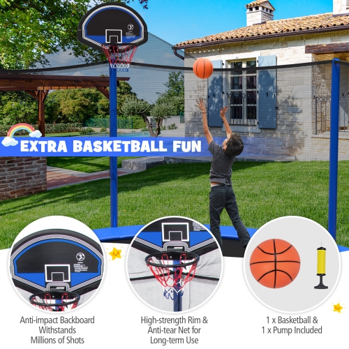 Topbuy 12FT 14FT 15FT 16FT Trampoline w/ Basketball Hoop Outdoor Recreational Trampoline w / Enclosure Net & Ladder