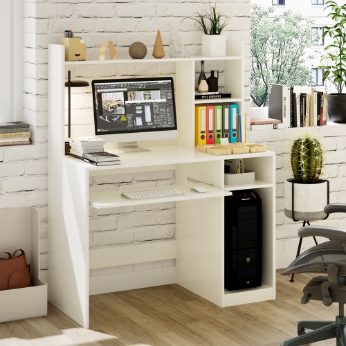 Topbuy Computer Desk with Storage Shelf Wooden Writing Desk w/ Hutch Office Desk with CPU Stand & Keyboard Tray