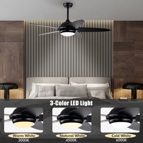 Topbuy 52" Ceiling Fan with Light and Remote Control Indoor Modern Ceiling Fan with Quiet Reversible ETL Motor Black/Silver/White