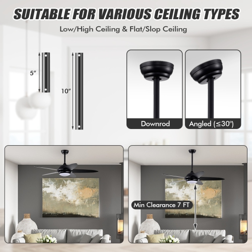 Topbuy 52" Ceiling Fan with Light and Remote Control Indoor Modern Ceiling Fan with Quiet Reversible ETL Motor Black/Silver/White