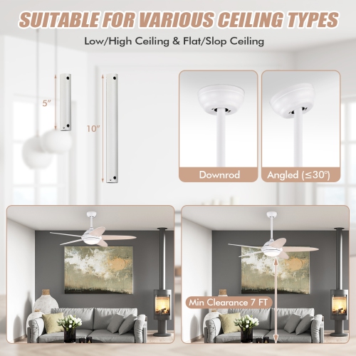 Topbuy 52" Ceiling Fan with Light and Remote Control Indoor Modern Ceiling Fan with Quiet Reversible ETL Motor Black/Silver/White