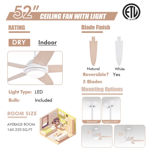 Topbuy 52" Ceiling Fan with Light and Remote Control Indoor Modern Ceiling Fan with Quiet Reversible ETL Motor Black/Silver/White