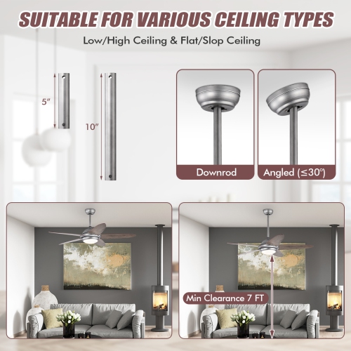 Topbuy 52" Ceiling Fan with Light and Remote Control Indoor Modern Ceiling Fan with Quiet Reversible ETL Motor Black/Silver/White