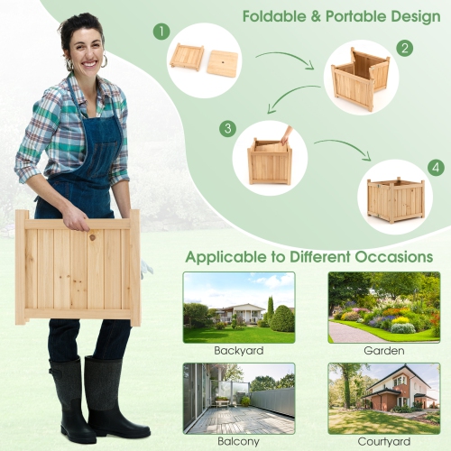 Topbuy Fir Wood Raised Garden Bed Outdoor Elevated Planter w/Drainage Hole Folding Square Planter Box 15" x 15" x 12.5"