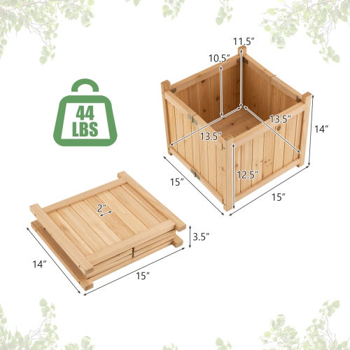 Topbuy Fir Wood Raised Garden Bed Outdoor Elevated Planter w/Drainage Hole Folding Square Planter Box 15" x 15" x 12.5"