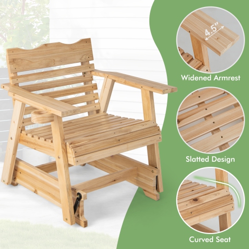 Topbuy 1PC/2PCS Outdoor Fir Wood Rocking Chair Outdoor Glider Chair with Rotatable Hidden Cup Holder and Curved Seat