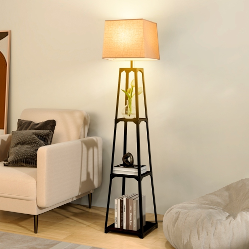 Topbuy Shelf Floor Lamp Corner Floor Lamp w/ 3-tier Shelves & Linen Lampshade Modern Standing Tall Bookshelf Lamp