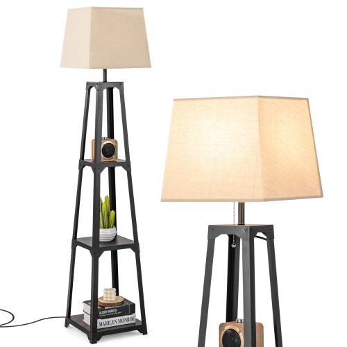 Topbuy Shelf Floor Lamp Corner Floor Lamp w/ 3-tier Shelves & Linen Lampshade Modern Standing Tall Bookshelf Lamp