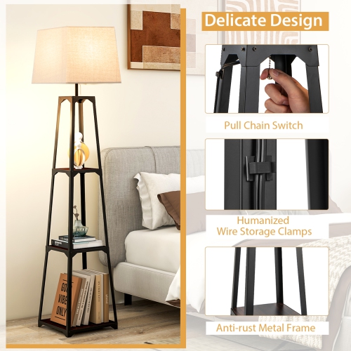 Topbuy Shelf Floor Lamp Corner Floor Lamp w/ 3-tier Shelves & Linen Lampshade Modern Standing Tall Bookshelf Lamp