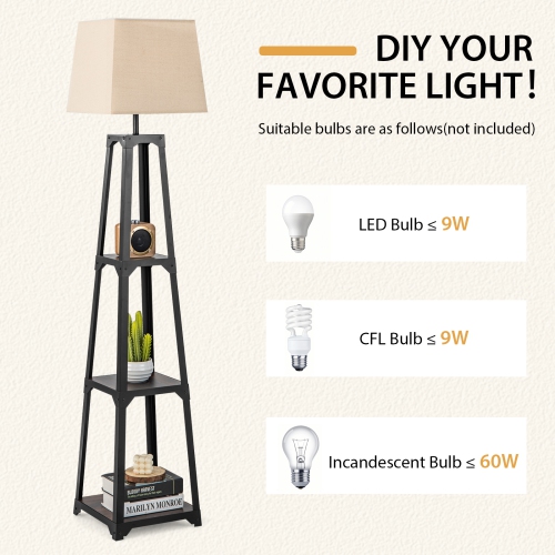Topbuy Shelf Floor Lamp Corner Floor Lamp w/ 3-tier Shelves & Linen Lampshade Modern Standing Tall Bookshelf Lamp