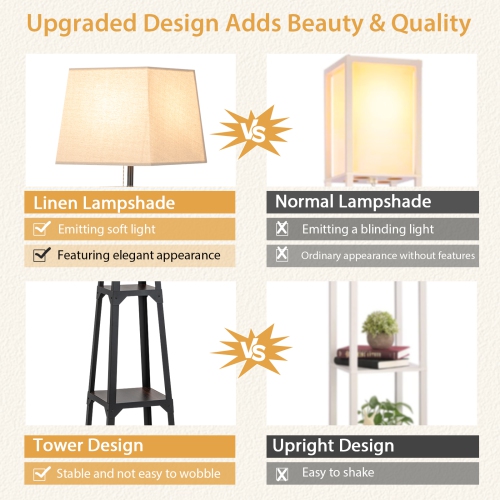 Topbuy Shelf Floor Lamp Corner Floor Lamp w/ 3-tier Shelves & Linen Lampshade Modern Standing Tall Bookshelf Lamp