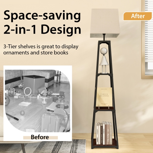 Topbuy Shelf Floor Lamp Corner Floor Lamp w/ 3-tier Shelves & Linen Lampshade Modern Standing Tall Bookshelf Lamp