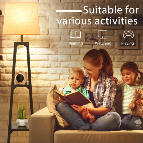 Topbuy Shelf Floor Lamp Corner Floor Lamp w/ 3-tier Shelves & Linen Lampshade Modern Standing Tall Bookshelf Lamp