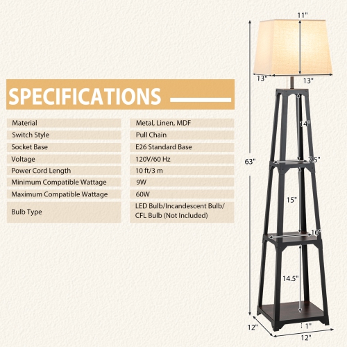 Topbuy Shelf Floor Lamp Corner Floor Lamp w/ 3-tier Shelves & Linen Lampshade Modern Standing Tall Bookshelf Lamp