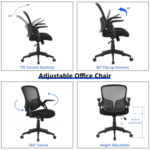 Ergonomic Office Chair with Filp up Arms, Mesh Task Chair Computer Desk Chair with Adjustable Lumbar Support and Waterfall Seat Holds up to 264.5