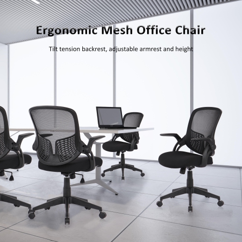 Ergonomic Office Chair with Filp up Arms, Mesh Task Chair Computer Desk Chair with Adjustable Lumbar Support and Waterfall Seat Holds up to 264.5