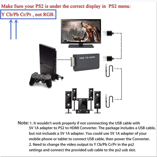 Adaptateur audio/vidéo avec convertisseur PS2 vers HDMI pour moniteur HDMI PS2 vers HDMI de PlayStation 2/HDTV et prise audio 3,5 mm pour écouteurs