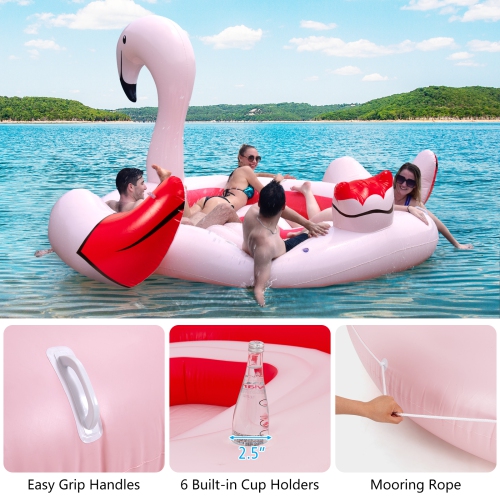 Topbuy 4-6 Persons Inflatable Lake Float Flamingo Floating Island w/ Inner Loop & Floating Mat Blow-up Party Floatie with Electric Air Pump & 6 Cup