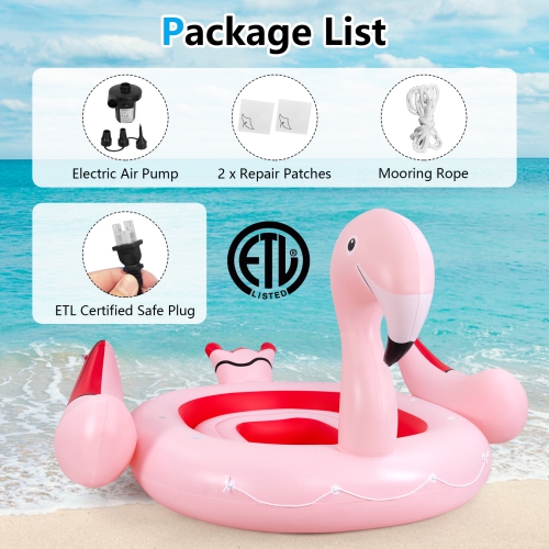 Topbuy 4-6 Persons Inflatable Lake Float Flamingo Floating Island w/ Inner Loop & Floating Mat Blow-up Party Floatie with Electric Air Pump & 6 Cup