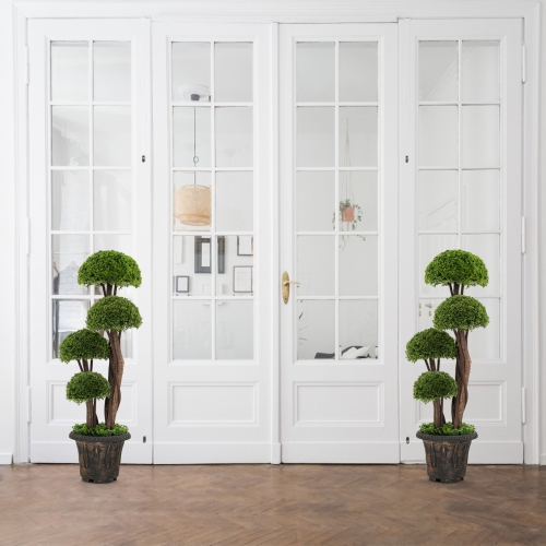 Topbuy 3 FT Artificial Cedar Topiary Tree Indoor & Outdoor Fake Topiary Cypress Plant w/ Rattan Trunk Cement Filled Pot