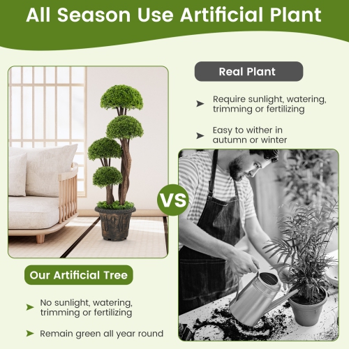 Topbuy 3 FT Artificial Cedar Topiary Tree Indoor & Outdoor Fake Topiary Cypress Plant w/ Rattan Trunk Cement Filled Pot