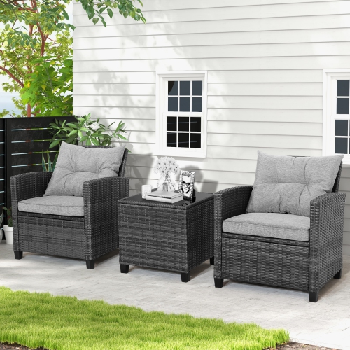 Topbuy 3 Pieces Outdoor Furniture Set Patio PE Rattan Conversation Set with Removable Cushions PE Wicker Sofas with Tempered Glass Side Table