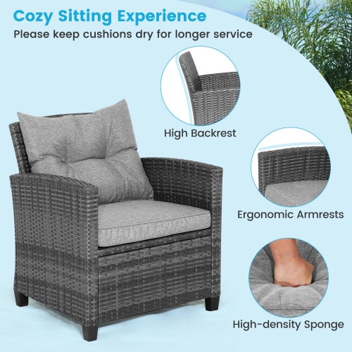 Topbuy 3 Pieces Outdoor Furniture Set Patio PE Rattan Conversation Set with Removable Cushions PE Wicker Sofas with Tempered Glass Side Table