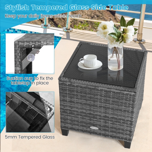 Topbuy 3 Pieces Outdoor Furniture Set Patio PE Rattan Conversation Set with Removable Cushions PE Wicker Sofas with Tempered Glass Side Table