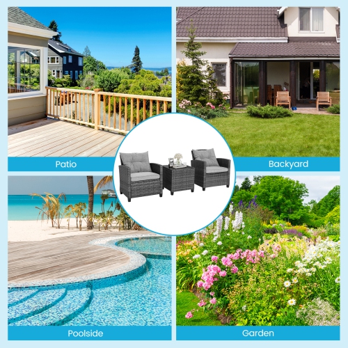 Topbuy 3 Pieces Outdoor Furniture Set Patio PE Rattan Conversation Set with Removable Cushions PE Wicker Sofas with Tempered Glass Side Table