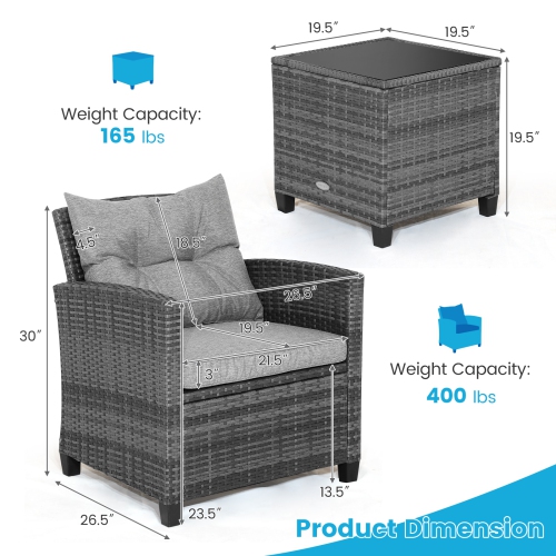 Topbuy 3 Pieces Outdoor Furniture Set Patio PE Rattan Conversation Set with Removable Cushions PE Wicker Sofas with Tempered Glass Side Table