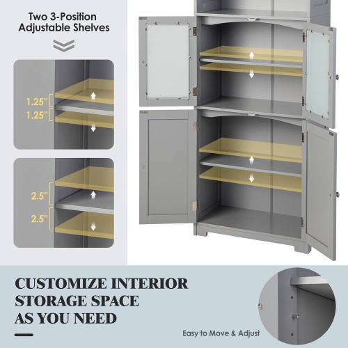 Gymax Bathroom Tall Storage Cabinet Linen Tower w/ Glass Door & Adjustable Shelf
