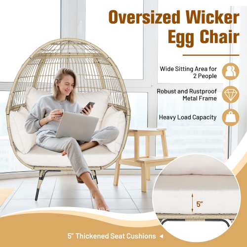 Gymax Patio Rattan Oversized Wicker Egg Chair Stationary Lounge Basket w/ 4 Soft Cushions