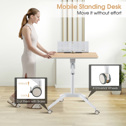 Gymax Pneumatic Standing Desk Rolling Adjustable Laptop Cart Podium Detachable Holder
