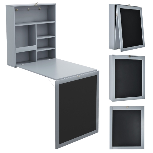 Gymax Wall Mounted Table Fold Out Convertible Desk with A Blackboard/Chalkboard Grey