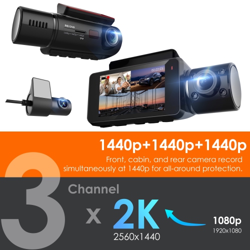 Rexing V33 3 Channel 1440p+1440p+1440p Front, Cabin, and Rear Camera Dashcam with Built-in Wi-Fi & GPS