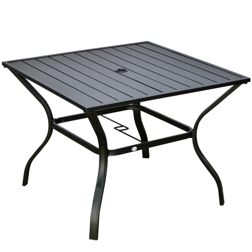 OUTSUNNY  Outdoor Dining Table for Four, Patio Table With Parasol Hole, Square Garden Table With Slatted Metal Plate Top, for Backyard, Poolside