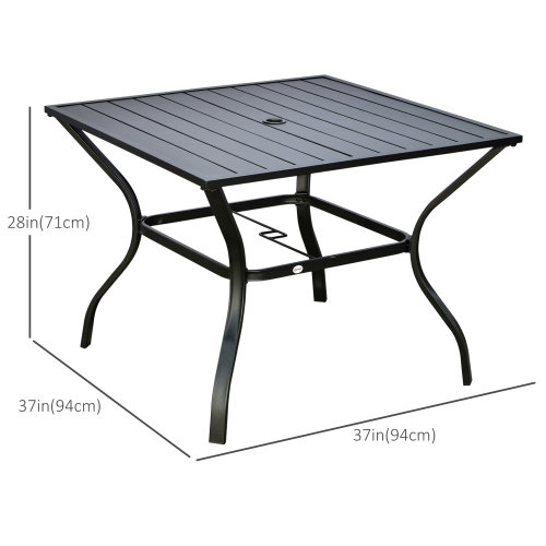 Outsunny Outdoor Dining Table for Four, Patio Table with Parasol Hole, Square Garden Table with Slatted Metal Plate Top, for Backyard, Poolside, Black