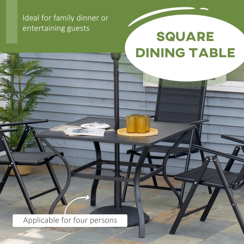 Outsunny Outdoor Dining Table for Four, Patio Table with Parasol Hole, Square Garden Table with Slatted Metal Plate Top, for Backyard, Poolside, Black