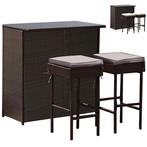 Costway Patio 3PCS Rattan Bar Table Stool Set Cushioned Chairs with Gray/Navy & Off white Cover